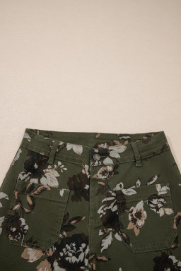 Green Vintage Floral Print Square Patch Pocket Raw Hem Shift Jeans