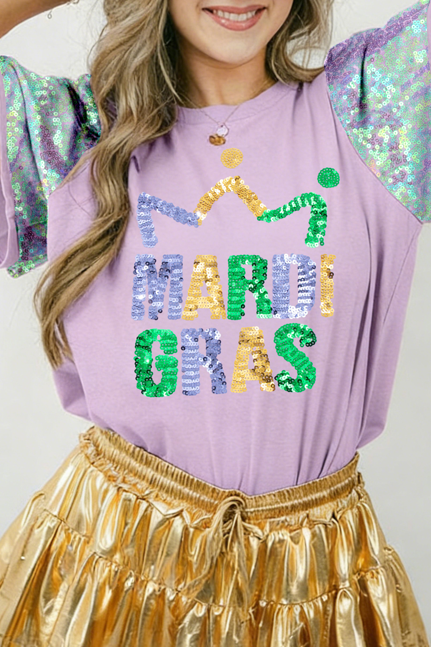 Orchid Petal Sequined MARDI GRAS Graphic Patchwork T Shirt