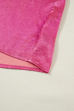 Strawberry Pink Collared V Neck Half Sleeve Metallic Top