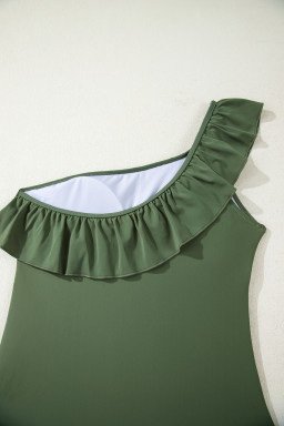 Mist Green Solid Color Ruffle Trim Asymmetric Neck One Piece Swimsuit