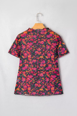 Rose Retro Floral Printed Mesh Short Sleeve Top