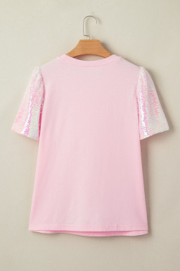 Light Pink Three Sweet Hearts Printed Sequin Trim Contrast Sleeve Patchwork Tee