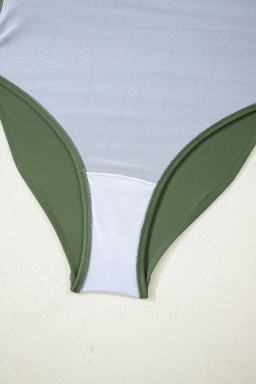 Mist Green Solid Color Ruffle Trim Asymmetric Neck One Piece Swimsuit