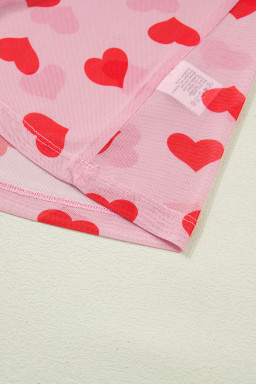 Pink Valentines Heart Printed Sheer Mesh Long Sleeve Top