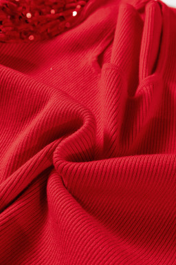 Fiery Red Sequin Sleeve Patchwork Ribbing Knit Square Neck Holiday Sweater