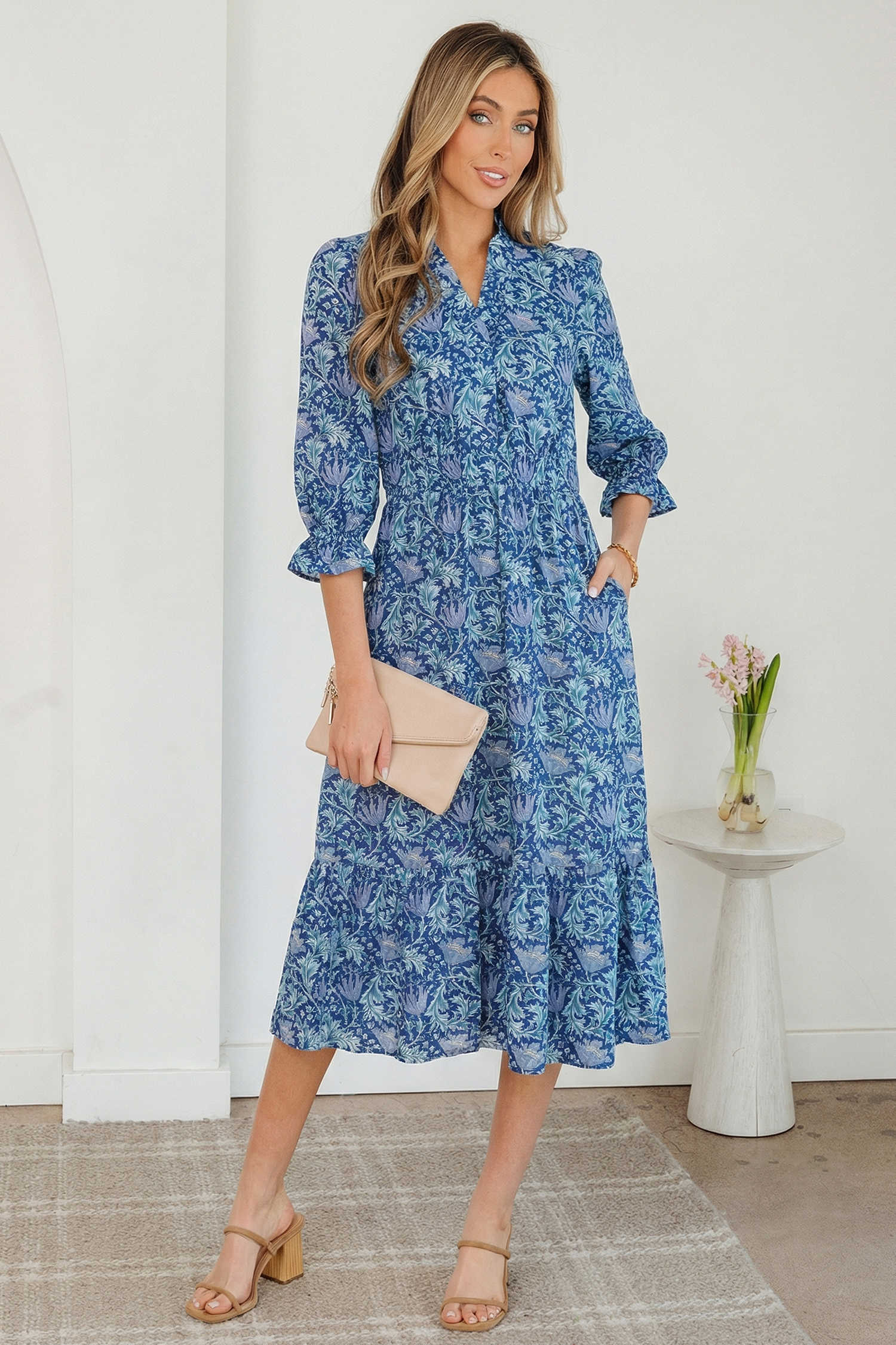 Sky Blue Floral Printed Frilled V Neck Bracelet Sleeve Long Dress
