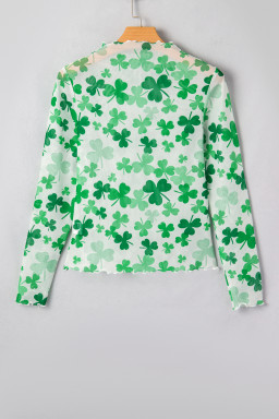 Green Lucky Shamrock Lettuce Trim High Neck Mesh Long Sleeve Top