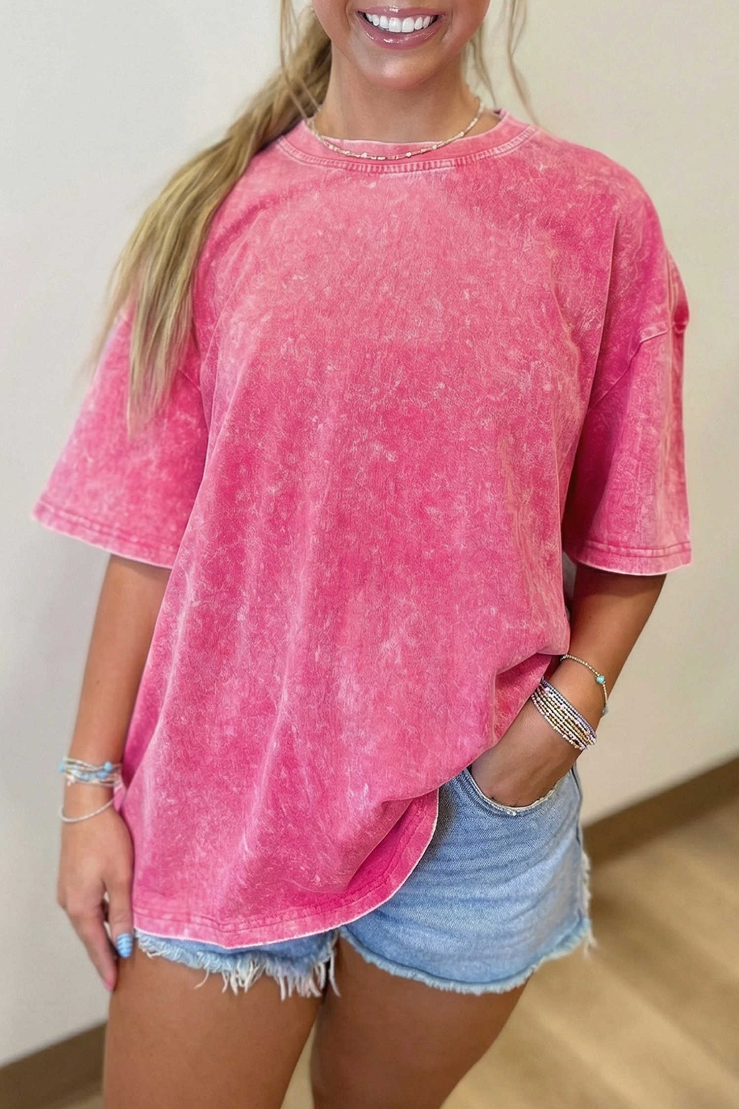 Sachet Pink Solid Color Cotton Mineral Washed Oversize Tee