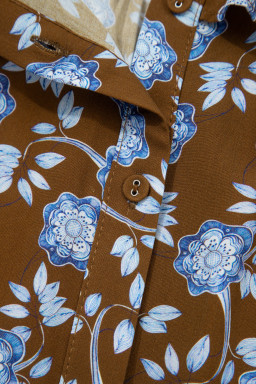 Brown Floral Print Ruffled Detail Shirt Collar Button Down Long Sleeve Dress