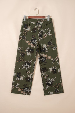 Green Vintage Floral Print Square Patch Pocket Raw Hem Shift Jeans
