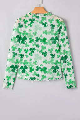 Green Lucky Shamrock Lettuce Trim High Neck Mesh Long Sleeve Top