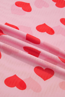 Pink Valentines Heart Printed Sheer Mesh Long Sleeve Top