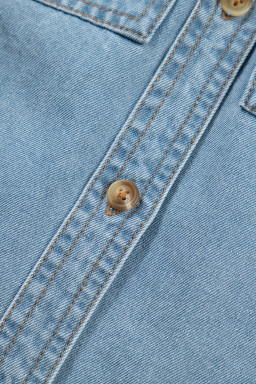 Myosotis Ruffle Detail Short Puff Sleeve Button Down Flap Pocket Denim Shirt