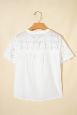 White Flower Eyelet Embroidered Patchwork Sheer Short Sleeve Shirt