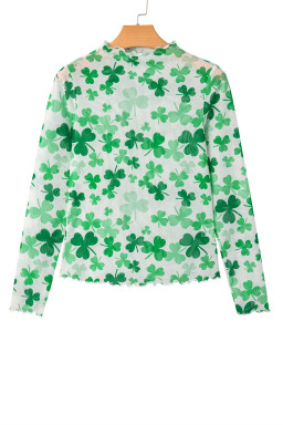 Green Lucky Shamrock Lettuce Trim High Neck Mesh Long Sleeve Top