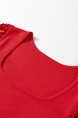 Fiery Red Sequin Sleeve Patchwork Ribbing Knit Square Neck Holiday Sweater