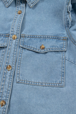 Myosotis Ruffle Detail Short Puff Sleeve Button Down Flap Pocket Denim Shirt