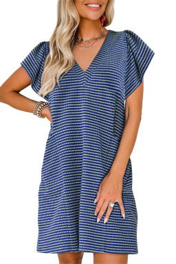 Blue Stripe Textured Knit V Neck Flutter Sleeve Shift Mini Dress