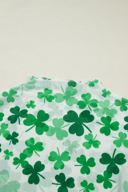 Green Lucky Shamrock Lettuce Trim High Neck Mesh Long Sleeve Top