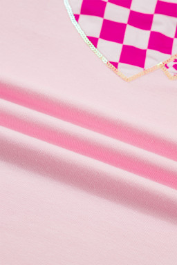 Light Pink Three Sweet Hearts Printed Sequin Trim Contrast Sleeve Patchwork Tee