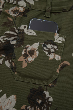 Green Vintage Floral Print Square Patch Pocket Raw Hem Shift Jeans