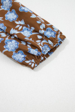 Brown Floral Print Ruffled Detail Shirt Collar Button Down Long Sleeve Dress