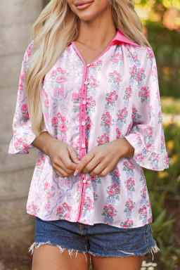 Purple Floral Collared Ruffled Half Sleeve Shirt
