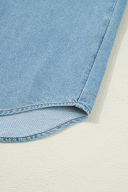 Myosotis Ruffle Detail Short Puff Sleeve Button Down Flap Pocket Denim Shirt