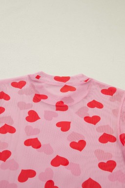 Pink Valentines Heart Printed Sheer Mesh Long Sleeve Top