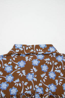 Brown Floral Print Ruffled Detail Shirt Collar Button Down Long Sleeve Dress