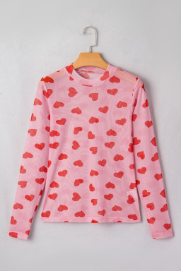 Pink Valentines Heart Printed Sheer Mesh Long Sleeve Top