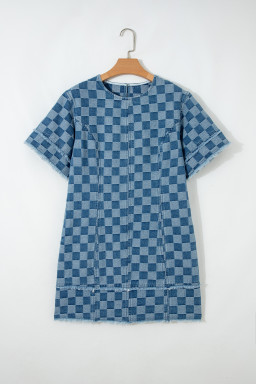 Sky Blue Frayed Hem Checkered Denim Mini Dress