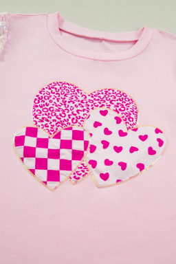 Light Pink Three Sweet Hearts Printed Sequin Trim Contrast Sleeve Patchwork Tee