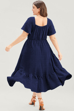 Blue Plus Size Short Sleeve Lace-up High Waist Midi Dress