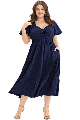 Blue Plus Size Short Sleeve Lace-up High Waist Midi Dress