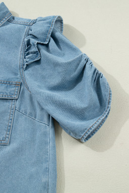 Myosotis Ruffle Detail Short Puff Sleeve Button Down Flap Pocket Denim Shirt