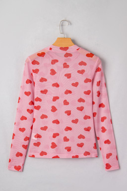 Pink Valentines Heart Printed Sheer Mesh Long Sleeve Top