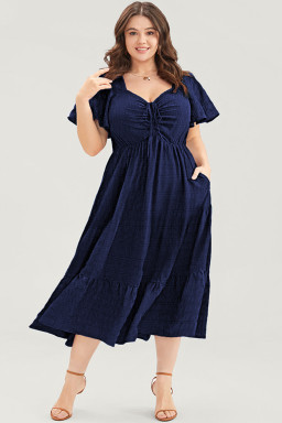 Blue Plus Size Short Sleeve Lace-up High Waist Midi Dress