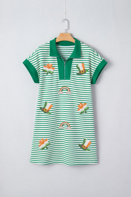 Green Stripe Magic St Patricks Day Sequin Graphic Zip Polo Tee Dress