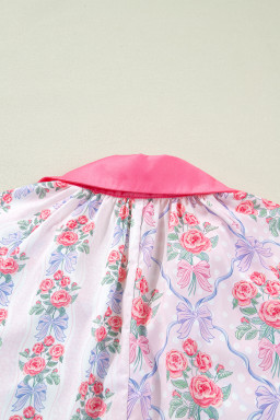 Purple Floral Collared Ruffled Half Sleeve Shirt