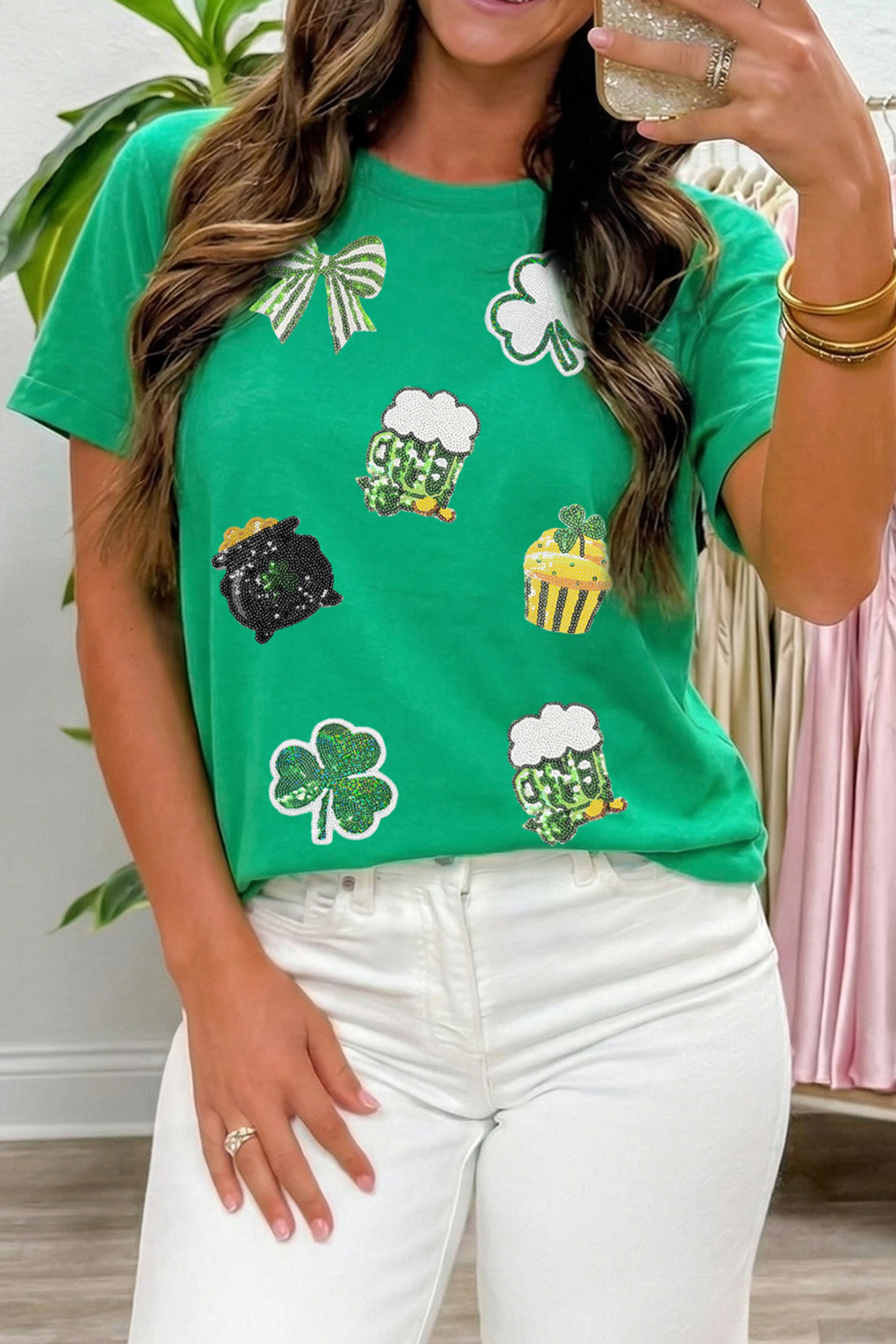 Bright Green Dainty Irish Fashion Sequin Graphic Tee