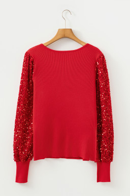 Fiery Red Sequin Sleeve Patchwork Ribbing Knit Square Neck Holiday Sweater