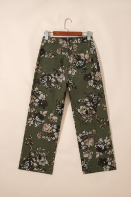 Green Vintage Floral Print Square Patch Pocket Raw Hem Shift Jeans