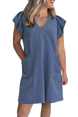 Blue Stripe Textured Knit V Neck Flutter Sleeve Shift Mini Dress