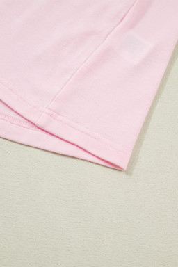 Light Pink Three Sweet Hearts Printed Sequin Trim Contrast Sleeve Patchwork Tee