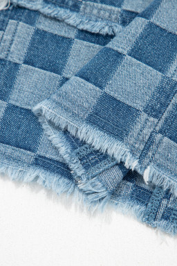 Sky Blue Frayed Hem Checkered Denim Mini Dress