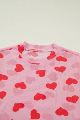 Pink Valentines Heart Printed Sheer Mesh Long Sleeve Top