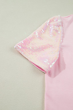 Light Pink Three Sweet Hearts Printed Sequin Trim Contrast Sleeve Patchwork Tee