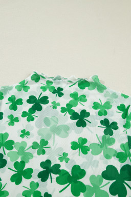 Green Lucky Shamrock Lettuce Trim High Neck Mesh Long Sleeve Top