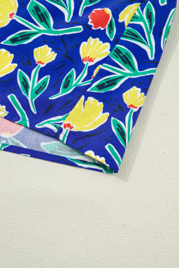 Blue Wild Floral Printed Contrast Striped Patchwork V Neck Short Sleeve Blouse